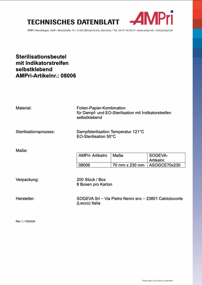 Sterilisationsbeutel 70x230mm, selbstklebende Sterilisationsbeutel für den Dentalbedarf