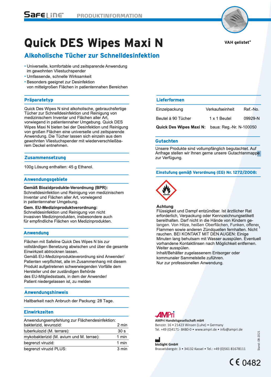 Desinfektionstücher, Maxi Set, im Standbodenbeutel, Safeline Quick Des Wipes