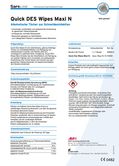 Desinfektionstücher, Maxi Set, im Standbodenbeutel, Safeline Quick Des Wipes