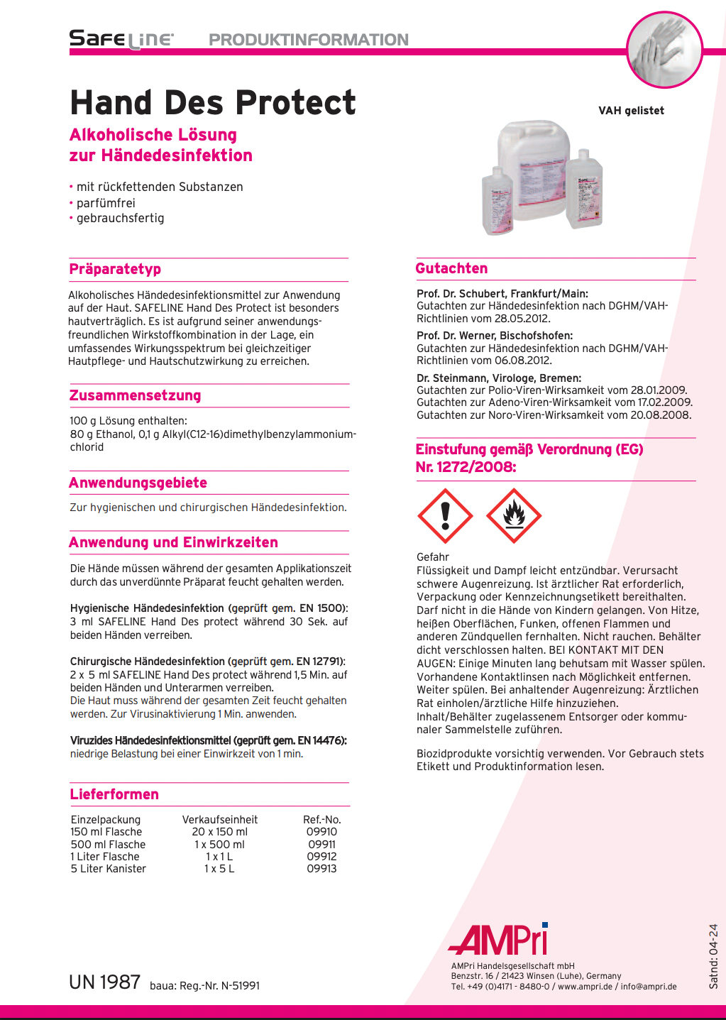 Händedesinfektion, 500 ml, Safeline Hand Des Protect