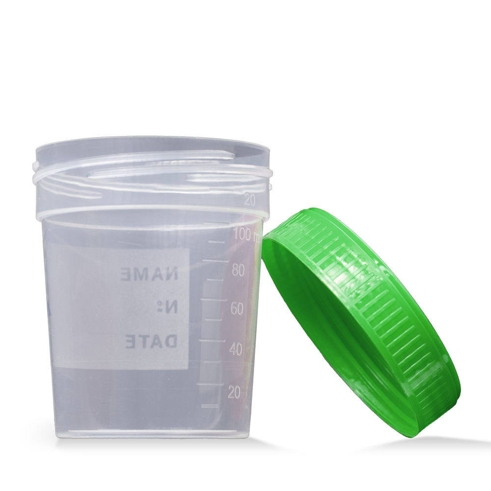 PP Urinsammelbehälter mit Schraubdeckel, 100 ml graduiert, Farbe transparent, milchig, grün