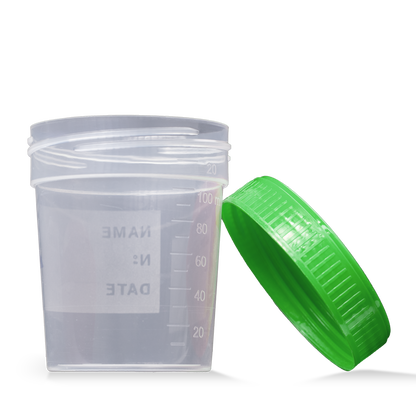 PP Urinsammelbehälter mit Schraubdeckel, 100 ml graduiert, Farbe transparent, milchig, grün